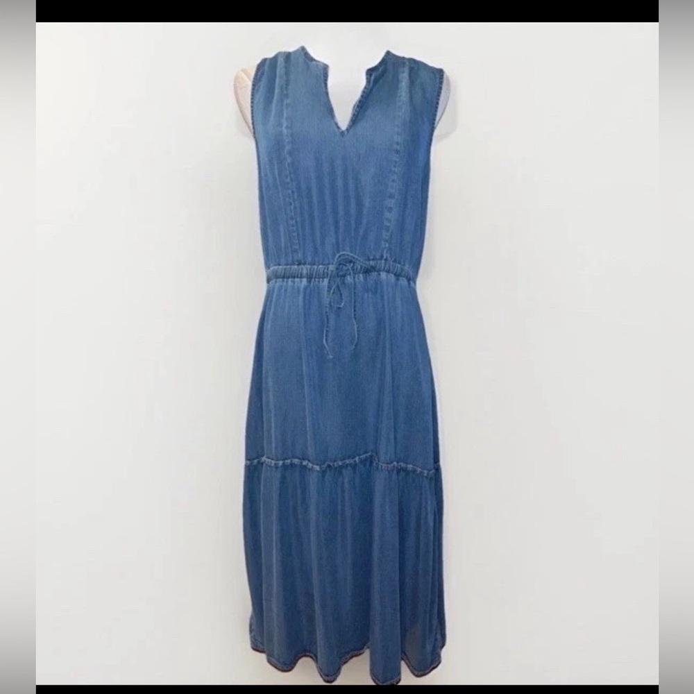 Lands end sleeveless denim dress tie waist midi Size XL